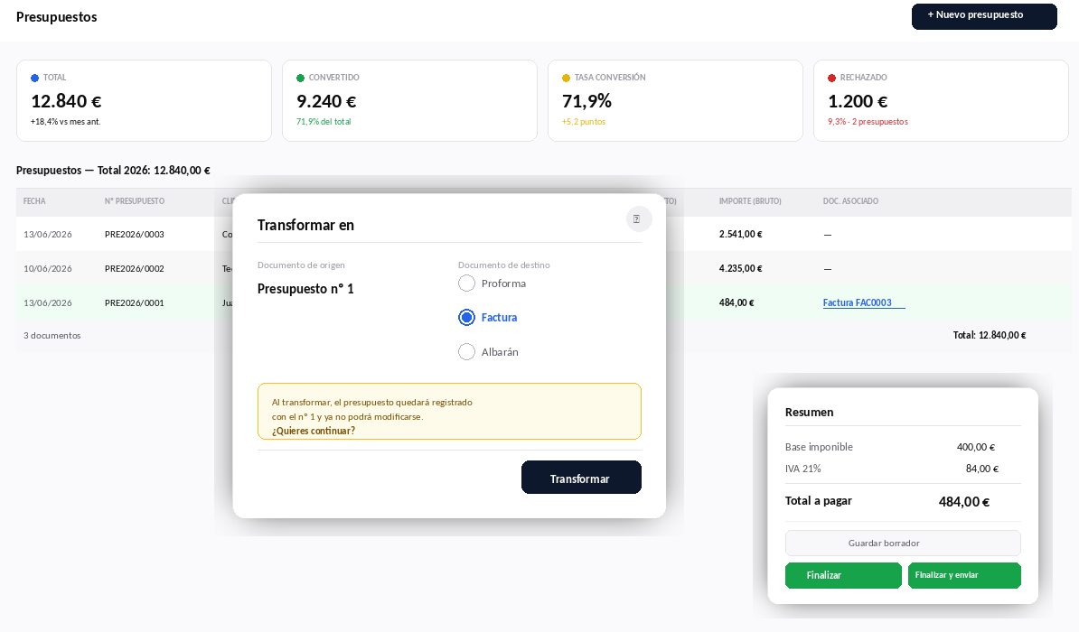 Interfaz de transformación de presupuesto a factura en software de facturación SaaS Factulista