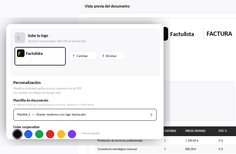 Interfaz de personalización de plantilla de factura en Factulista con logo corporativo y paleta de colores para diseño moderno