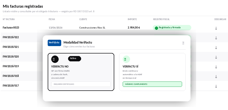Panel de modalidad VeriFactu en software de facturación electrónica con opciones de certificación y cumplimiento normativo