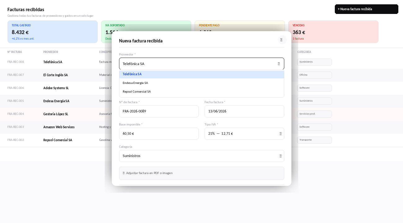 Formulario para crear nueva factura recibida en software de facturación Factulista con campos de proveedor, número y fecha de factura