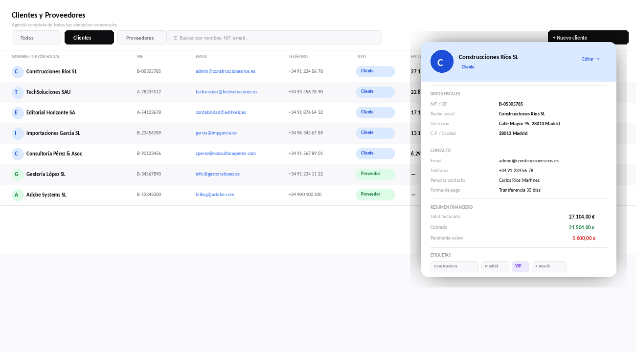Panel de gestión de clientes y proveedores en software de facturación Factulista con contactos comerciales, NIF, emails y teléfonos