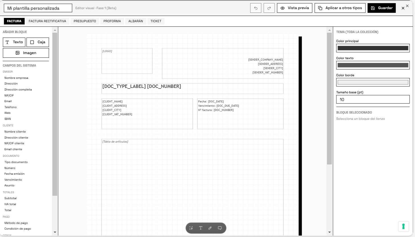 Editor visual de plantillas de factura en Factulista