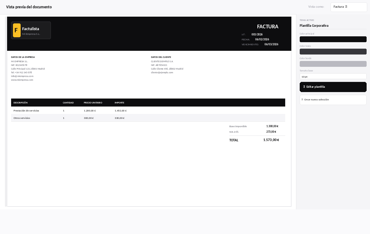 Vista previa de factura personalizada con colores de marca en Factulista