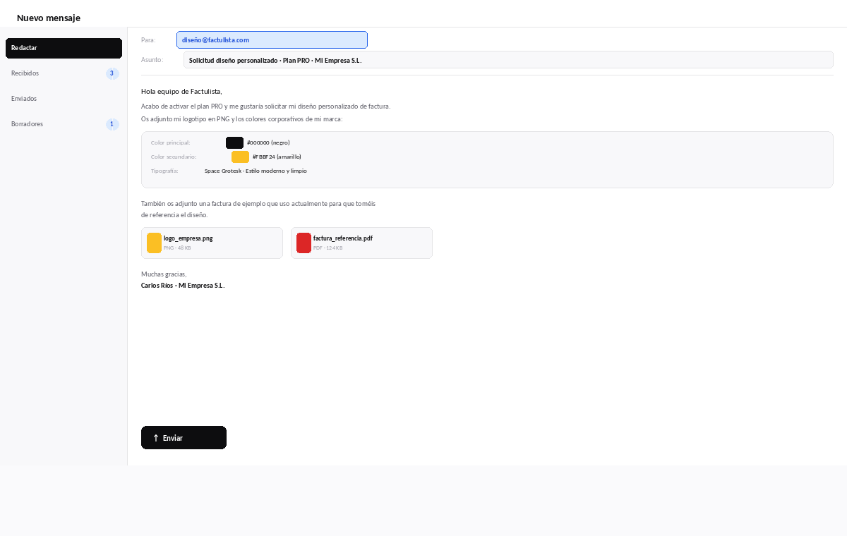 Solicitud de diseño personalizado de factura por email a Factulista