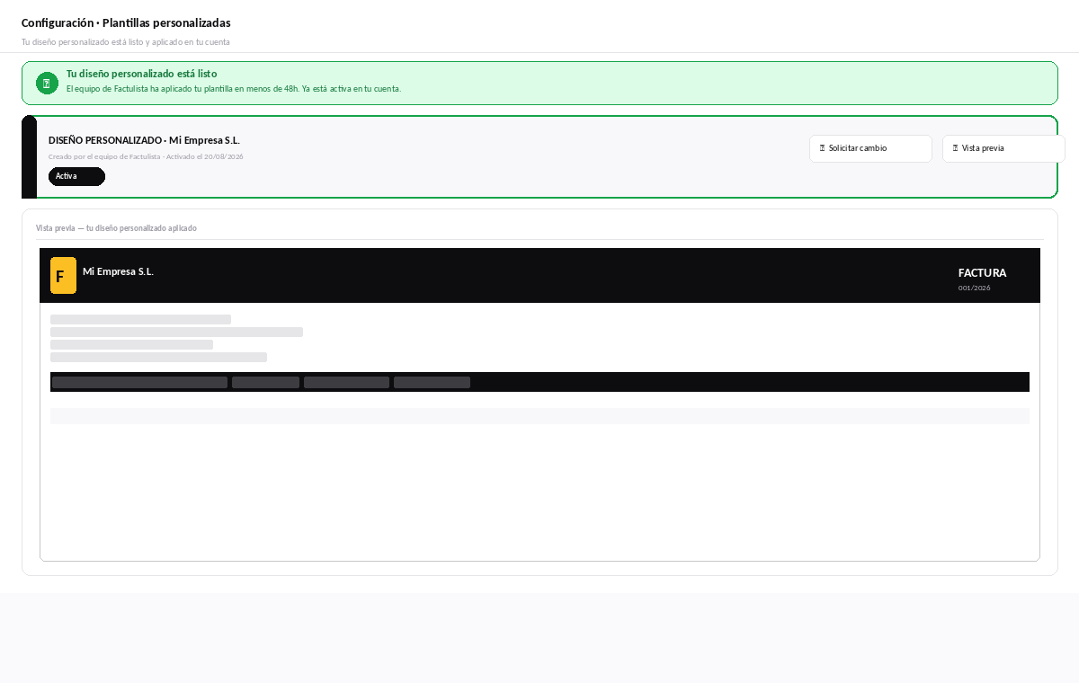 Plantilla personalizada aplicada directamente en la cuenta de Factulista