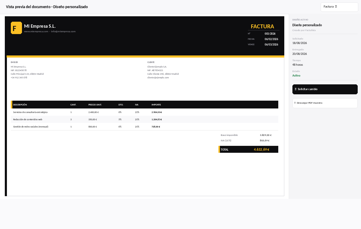 Vista previa de factura con diseño personalizado profesional en Factulista