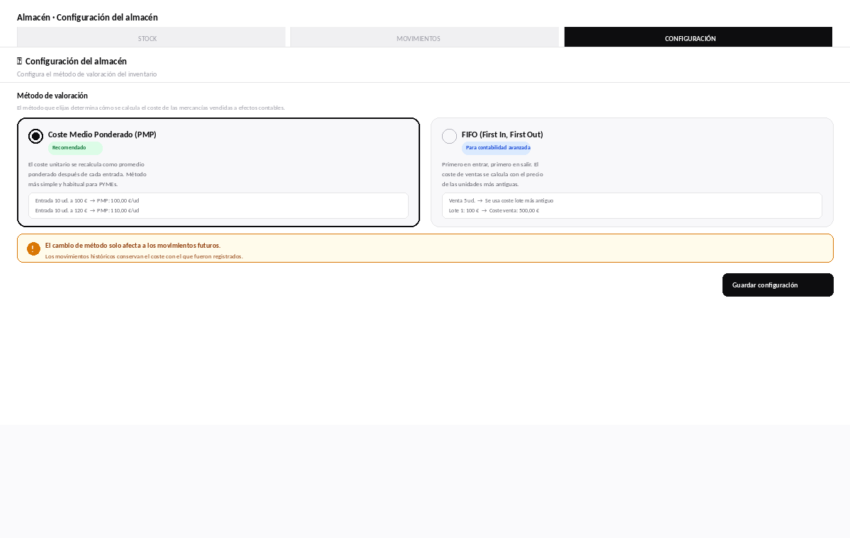 Configuración del método de valoración de inventario PMP o FIFO en Factulista